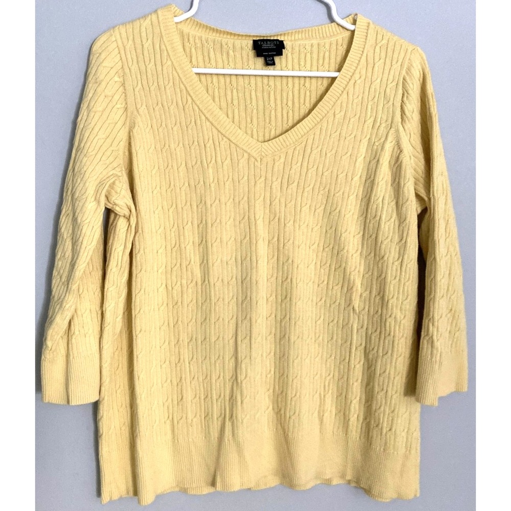 Talbots Sweater Women 2XP Plus Sz Yellow Pima Cotton Cable Knit Vneck 3/4 Sleeve